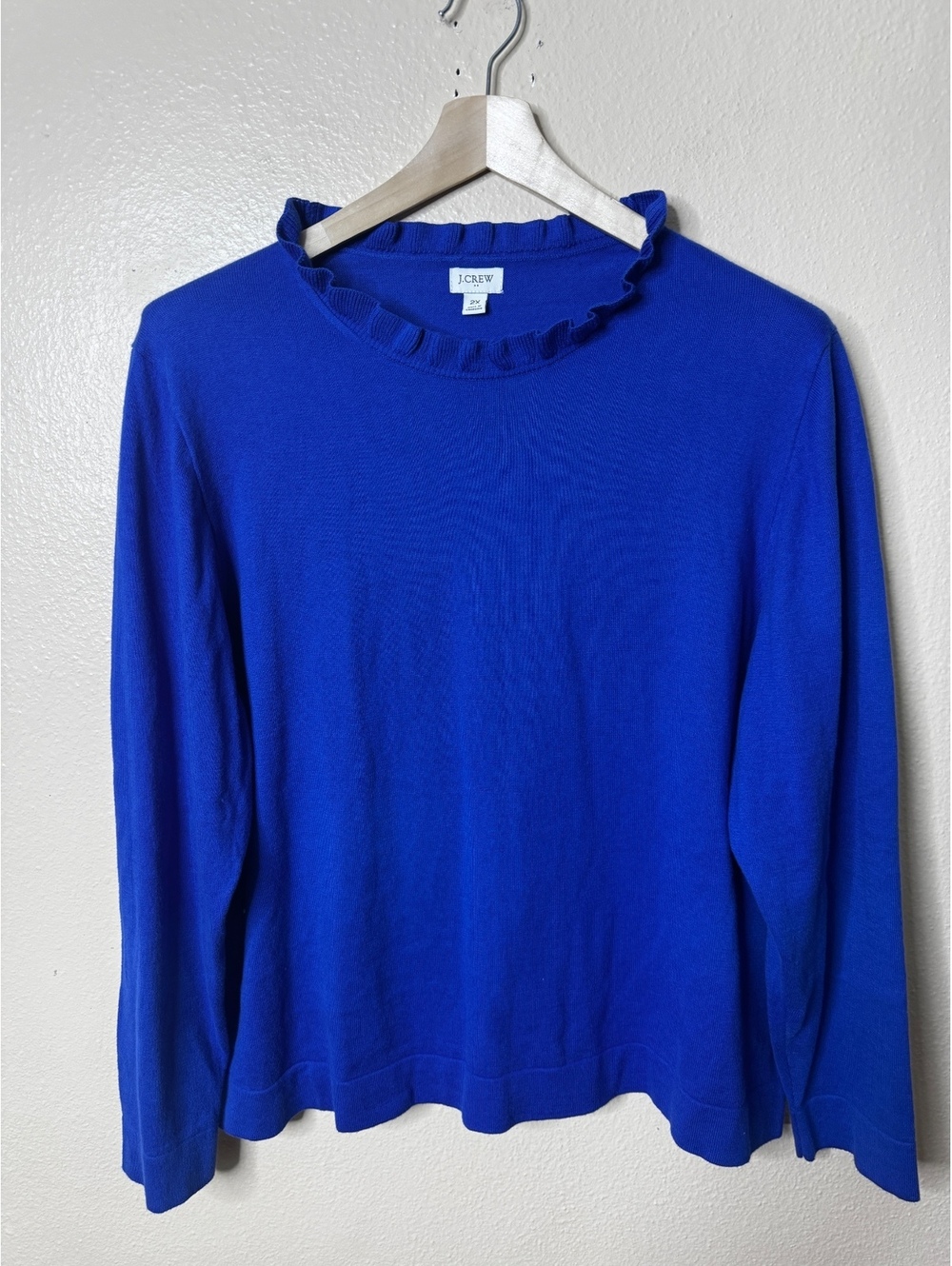 J.Crew Sweater Women’s 2X Blue Ruffle Neck 100% Cotton Long Sleeve